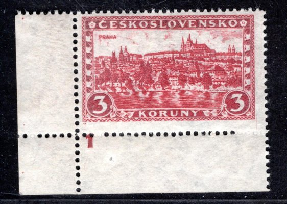 226x, P5, typ I, papír pergamenový, levý dolní rohový kus s DČ 1, červená 3 Kč, zk. Vrba