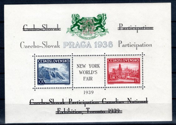 AS10c, přítisk na aršíku A 342/3 Praga, TORONTO 1939, znak zelený, text černý, nápisy přeškrtány, uprostřed přítisk NY WORLDS FAIR