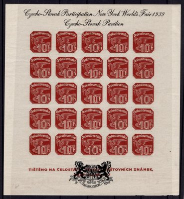 AS 2a, přítisk na aršíku ANV 18, novnový pro NY 1939, znak černý, text černý