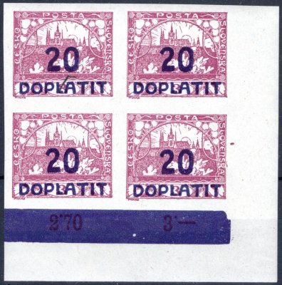 DL 16, doplatní, rohový 4blok s počítadly, 20/3 fialová, nálepka na okraji mimo známky