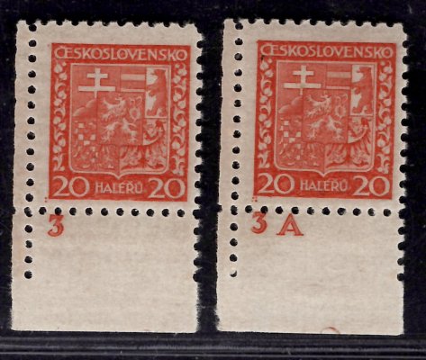 250x, papír průsvitný Státní znak, rohové s DČ 3 a 3A, červená 20h, zkoušeno Gilbert
