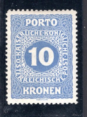 Rakousko - Mi. P 57 B, řz 12 1/2, doplatní malá čísla, modrá 10 K, posudek Soeckninick, hledaná známka