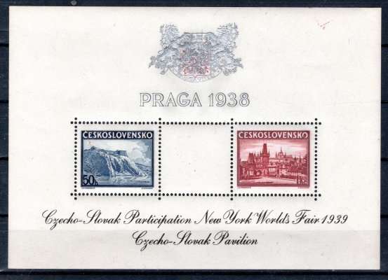 A 342/3 Praga 38, bez zeleného přítisku uprostřed,  s přítiskem New York 1939, znak stříbrný, nápis černý