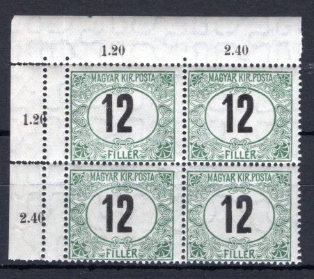 12 f černé číslo Madarské ; rok vydaná 1914 průsvitka Pz  Pofis 128 - rohový 4 blok - navíc v okraji dvojitá perforace 