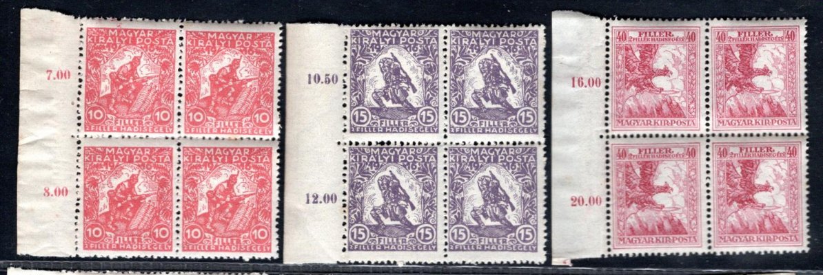 96 - 98 ; 4bloky krajové -  Válečné  Madarské Michel 183 - 185   - předběžné  známky  pro Pč 1919 ( Pofis 96 - 98 ) 
