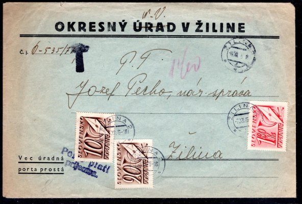 ČSR 1945, úřední dopis zaslaný v místě, v místě doručení zatížený slovenskými doplatními známkami 10h, 20h a 1.30Ks,