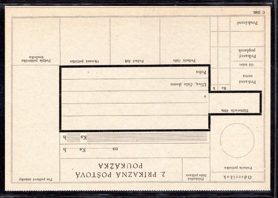 CPA 2.2. B, Nepoužitý dvojitý poštovní příkazní arch s natištěnou známkou 50h Hlinka a s ručním fialovým přetiskem ČESKOSLOVENSKO, označení c 1940 v obou částech celiny, kat. cena POFIS 2001 2000 Kč