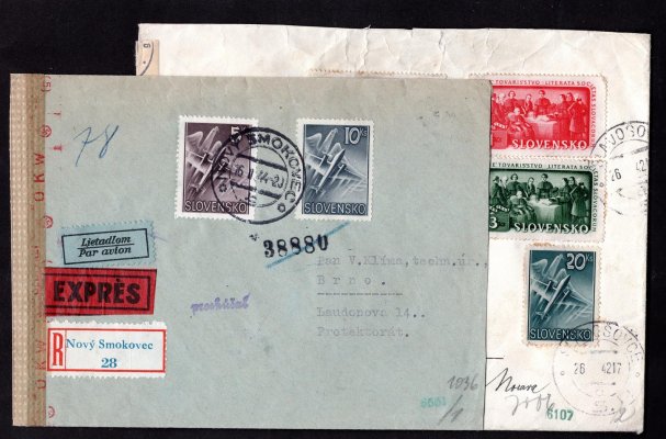 2 cenzurované dopisy zaslané do Protektorátu s vysokými frankaturami leteckých známek, R-express - let. dopis se zn, 5Ks a 10 Ks( L7, L8), razítko NOVÝ STROKOVEC 16.II.44 a R- dopis se 4 známkami emise Slovenské učené tovaryšstvo a leteckou známkou 20 Ks(L9), razítko SLAVOŠOVCE 1942