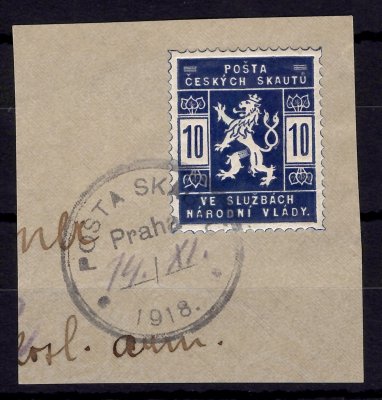 SK1; 10 h modrá na výstřižku z dopisu, raz. POŠTA SKAUTŮ / Praha / 1918, ručně dopsané datum 14. 11.