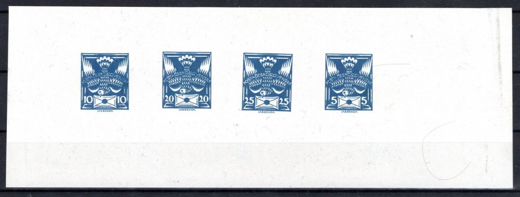 ZT, Holubice, soutisk čtyř hodnot v modré barvě 10, 20, 25,  5 h na křídovém papíru, velmi široké okraje, hledané