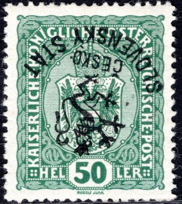 RV 53 PP, Marešův přetisk (Hlubocké vydání), převrácený, zelená 50h, zkoušeno, Mareš, Vrba