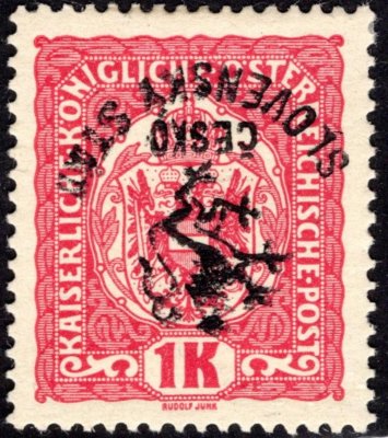 RV 57 PP, Marešův přetisk (Hlubocké vydání), převrácený, červená 1K, zkoušeno, Mareš, Vrba