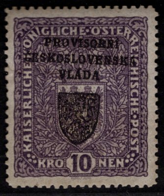 RV 19, I. Pražský přetisk,10 koruna tmavě fialová, nejasný tisk, zkoušeno Mrňák 