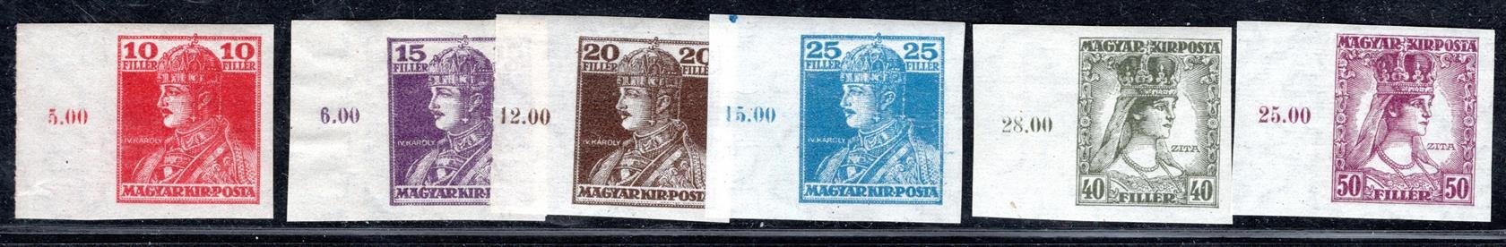 Maďarsko - Mi. 213 - 18, Zita a Karel, Pofis 119 -123  krajová nezoubkovaná !! řada s počítadly, v této podobě výjimečné ! 