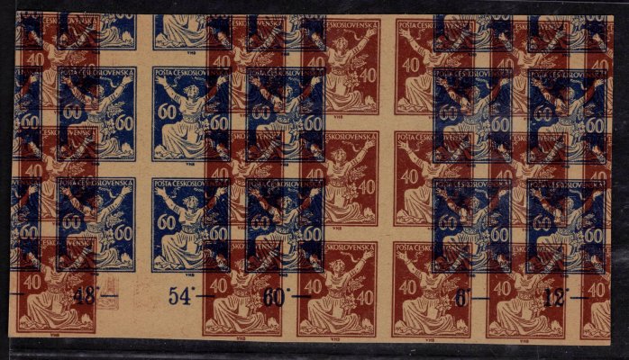 154 (3x) + 157  (2x), OR,  soutisk stejnosměrných meziarší, na nahnědlem papíru, hnědá 40 h a modrá 60 h, zkoušeno Vrba, zajímavé