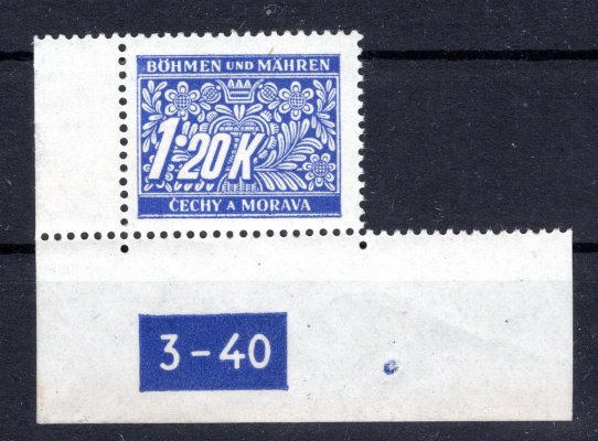 DL 10, dopllatní, rohový levý dolní kusk s DČ 3-40, x, modrá 1,20 K, hledané