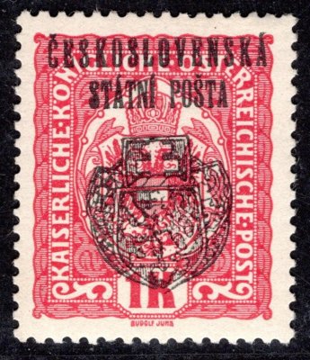 RV 36, II. Pražský přetisk, červená 1 K, zkoušeno Mrňák