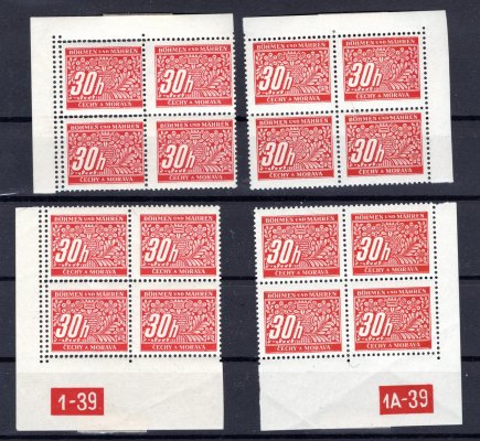 DL4, 30 h červená, rohová miniatura ve 4blocích, na levé straně 4x dvojitá perforace v okraji, nálepky v okrajích, známky luxusní, velmi vzácné