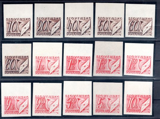 NZ D 13 N - NZ D 27 N; kompletní série nezoubkovaných známek s horním okrajem, vše s červenou značkou M.D.V.P. pošta, známka 10Ks c časti plochy se stenčeným papírem, tato známka nepočítaná (zdarma), kat. cena - 1440 EUR