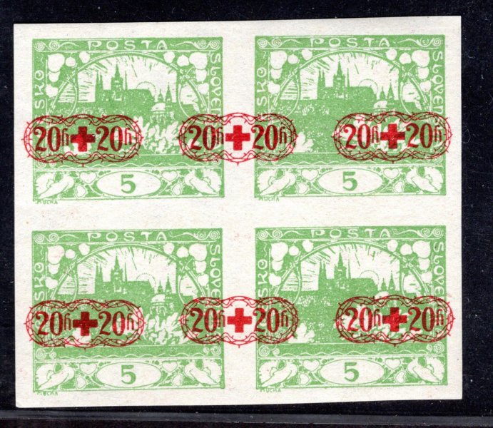 ZT, Červený kříž, 4blok Hradčany, světle zelená 5 h, přetisk C, zkoušeno Vrba