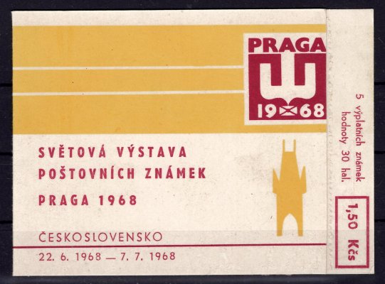 ZS 1, 1,50 Kčs žlutá, velmi vzácný známkový sešítek s 5ti vlepenými známkami Praga 1968, razítko na dvou známkách, velmi hledané! 