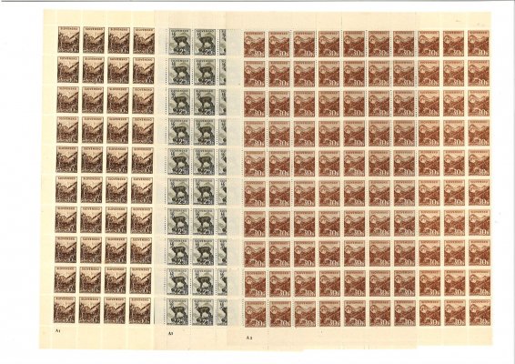 48k-51k;  Tatranské, hodnoty 10 h, 25 h, 30 h na kartonovém papíru, 100kusové archy z levé části  200kusových PL