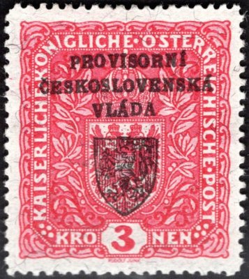 RV 17a, I. Pražský přetisk, Znak 3 K červená, ruční sazba, typ I, žilkovaný papír, atest Vrba, mimořádná známka