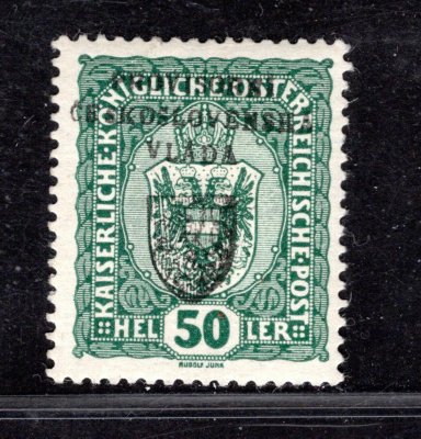 RV 11, I. Pražský přetisk, obtisk přeetisku, znak zelená 50 h, ( PADĚLEK BEZ ZÁRUKY)