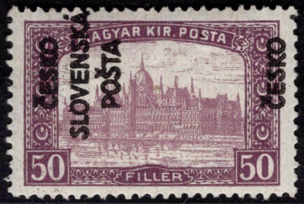 RV 159, Šrobárův přetisk svislý na známce Parlament, fialová 50 f, zkoušeno Lešetický, Giilbert