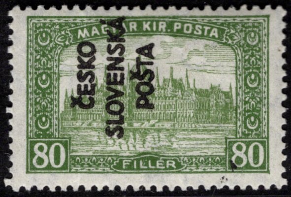 RV 161, Šrobárův přetisk svislý na známce Parlament, žlutozelená 80 f, vrásy, zkoušeno Gilbert, Vrba