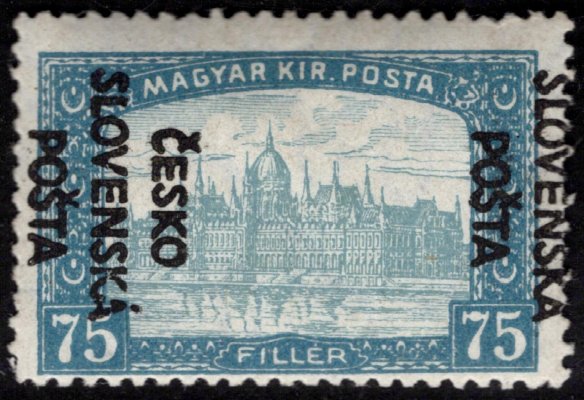 RV 160, Šrobárův přetisk svislý na známce Parlament, modrá 75 f, zkoušeno Stupka, Mrňák, POFIS, Vrba