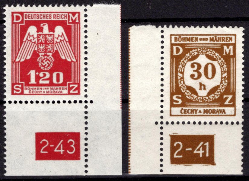 1 SL+19 SL; 30h rohová známka s Dč 2-41. 1,20 K rohová známka s Dč 2-43, otisk rámu