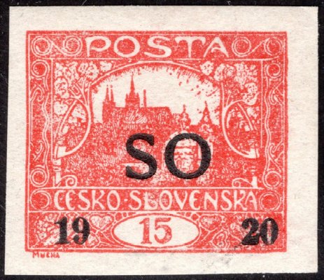 SO 5, 15 h cihlově červená s odlišným přetiskem SO 1920 pro známky spěšné, vzácná známka, zkoušeno Vrba 