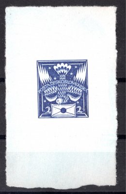 PT 14 ZT, Holubice, otisk rytiny podle původního návrhu Jaroslava Bendy z roku 1920 (rytina J. Schmidta PT 14 z roku 1982), v modré  barvě v aršíkové úpravě na tvrdém papíře, z pozůstalosti rytce, vzácné