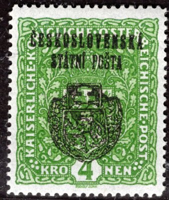 RV 39, II. Pražský přetisk, formát úzký, znak, světle zelená 4 K, zkoušeno, Lešetický, Vrba