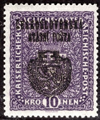 RV 40, II. Pražský přetisk, formát úzký, znak, tmavě fialová 10 K, nejasný tisk, zkoušeno, Lešetický, Vrba