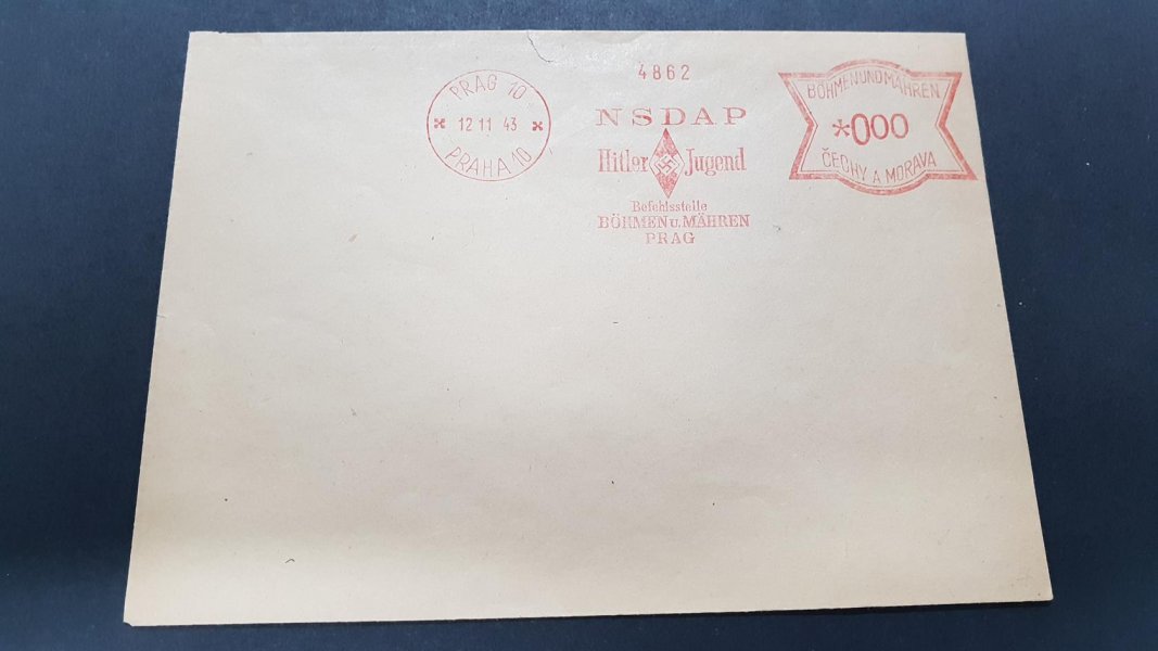 obálka se zkušebním otiskem FRANKOTYPU " NSDAP - Hitler Jugend ", s nulovou hodnotou. Zajímavý poštovní doklad