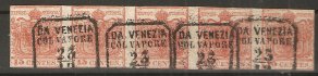 Lombardsko-Benátsko, č.3 nádherná 5-ti páska, razítko Benátky, krásná barva do červena, katalog cca 1000 Euro
