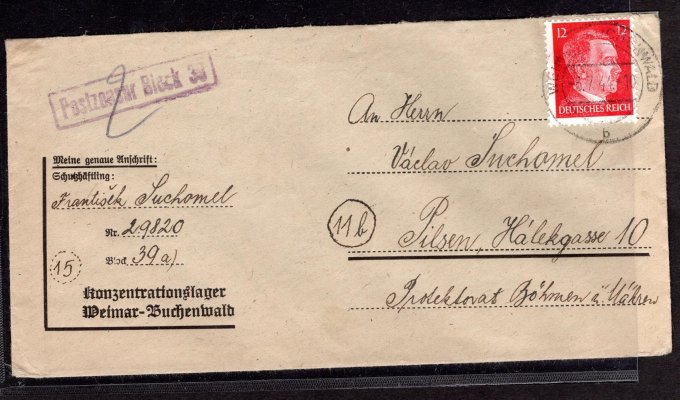 1944  KT Buchenwald, předtištěná obálka malého formátu bez obsahu vyfr. zn. 12Pf, zaslána českým vězněm do Protektorátu, podací DR WEIMAR - BUCHENWALD/ 5.7.1944, doplněno rámečkovým raz. Postzensur Block 39, hezký stav, zachovalé