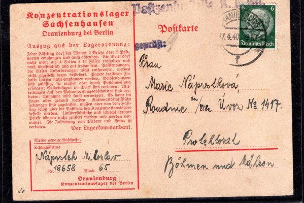 194 04  KT Sachsenhausen-Oranienburg, předtištěná karta vyfr. zn. 6Pf, zasláná českým vězněm do Protektorátu, podací DR Oranienburg/ 27.4.1940, doplněno rámečkovým raz. cenzurováno,  zajímavá a  hledaná celistvost, hezký stav