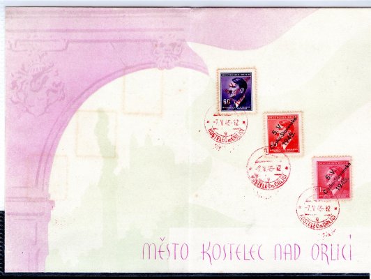 Zvláštní tisk Kostelec nad Ohří se znamkami A. Hitlera - přetisk Kostelec, červené razítko Kostelec 7.5.1945, zajímavé