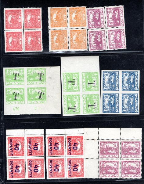 Sestava 4 bloků Hradčanských známek včetně doplatních a provizorii