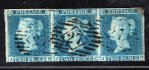 Anglie  SG 14 (Mi.4a), 2 penny modrá dekorativní třípáska s černým číslicovým razítkem 27