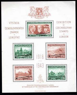 1943 Londýn, ZT exilové ho aršíku k výstavě známek Londýn 1943, lehké výrobní lomy, na jedné známce nalepeno smítko, velmi vzácný a hledaný ZT