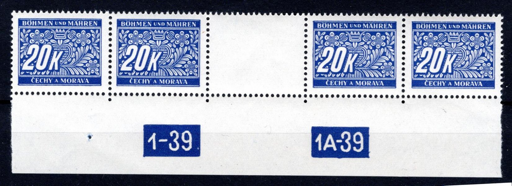 DL 14  4 známkové meziarší 20 Kč modrá, DČ 1-39, 1A-39