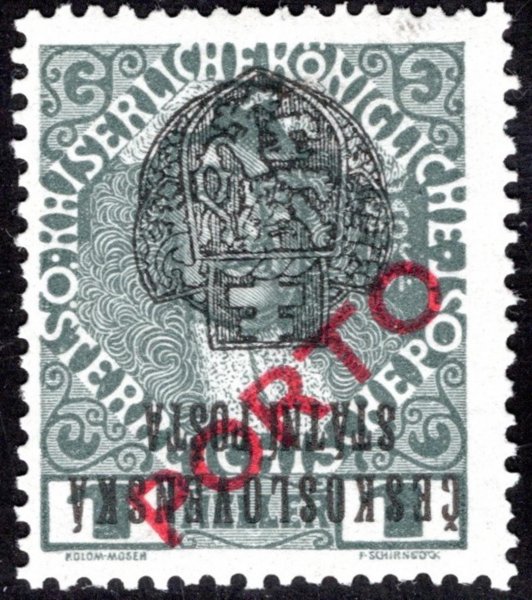 RV ZT, II. Pražský přetisk, převrácený v černé barvě na známce 1 H PORTO, šedá. Zkoušeno a atest Vrba, dvl, vzácný a hledaný zkusmý tisk
