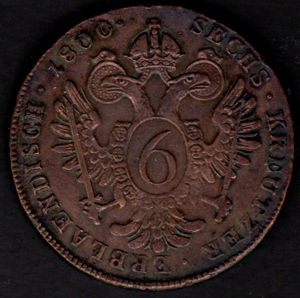 1800 C 6 krejcar Josef II. Praha, Cooper 12,47g 33/1,82mm
