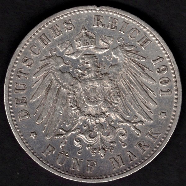 1901 5 marka F Vilém II. Wuerttemberg  Ag, Ag.900 27,7g 38mm F Stuttgart
