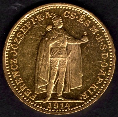 1914 20 koruna K.B. Uherská FJI. Au, Au.900 6,78g 21mm raženo Kremnica
