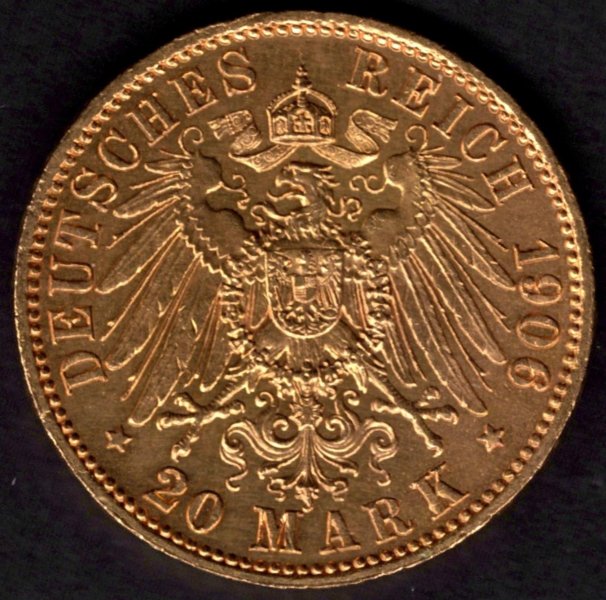 1906 20 marka A Vilém II. Prusko Au, Au.900 7,96 22,5mm J252 ražba Berlín
